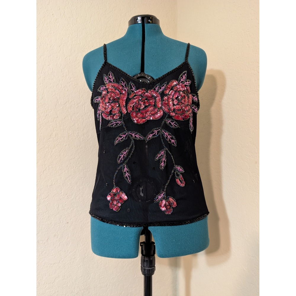 Rene Derhy Vintage Y2K Black‎ Mesh Beaded Sequin Floral Rose Cami Top Large